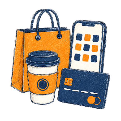 Illustration of everyday brands — a shopping bag, coffee cup, smartphone, and credit card