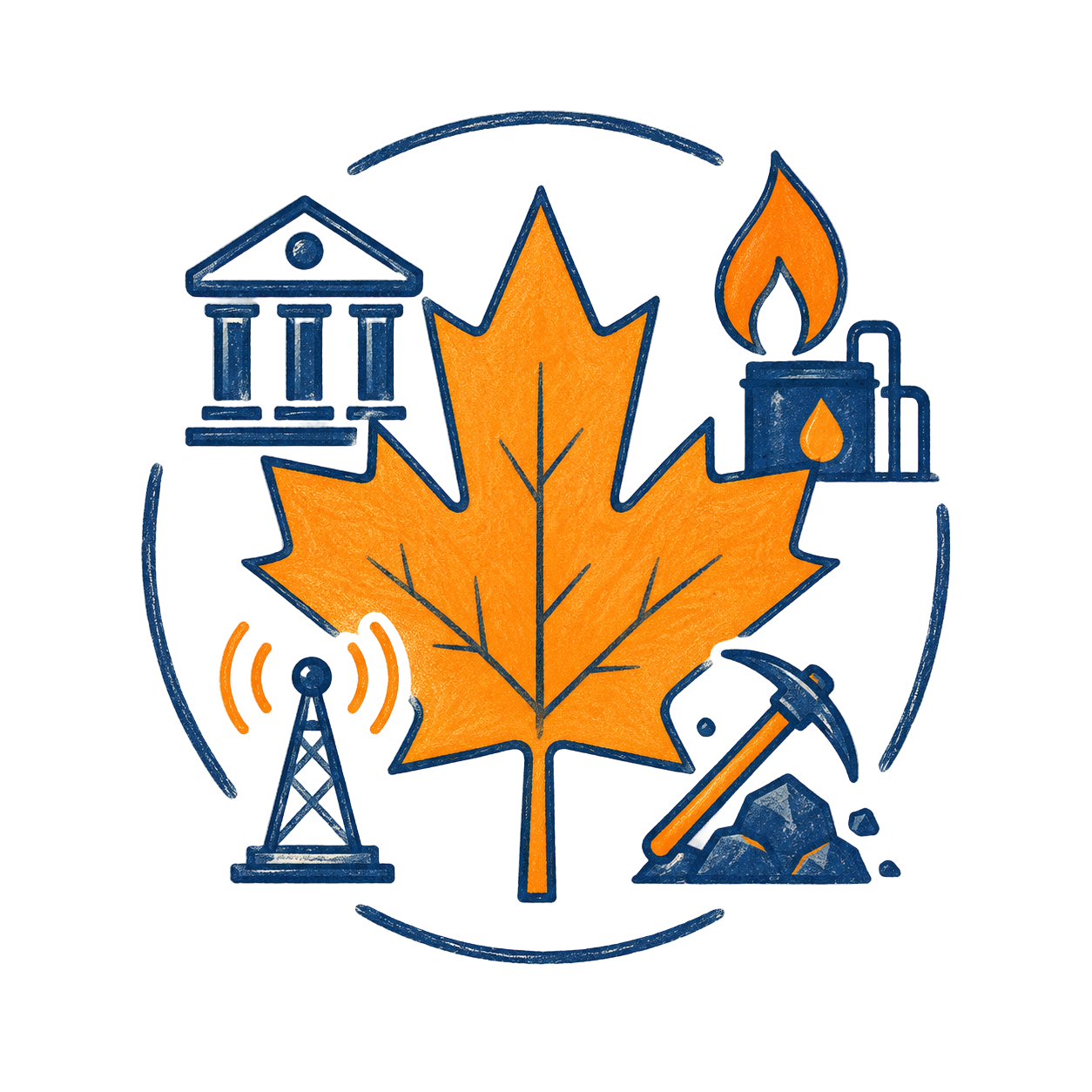 Illustration of the Canadian market — a maple leaf with banking, energy, telecom, and mining