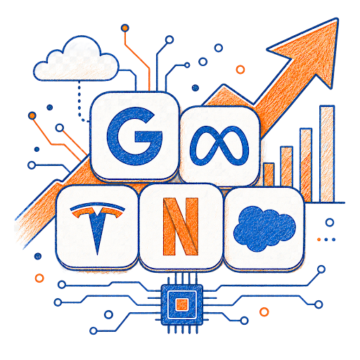 Illustration of major U.S. technology and growth companies alongside a rising chart