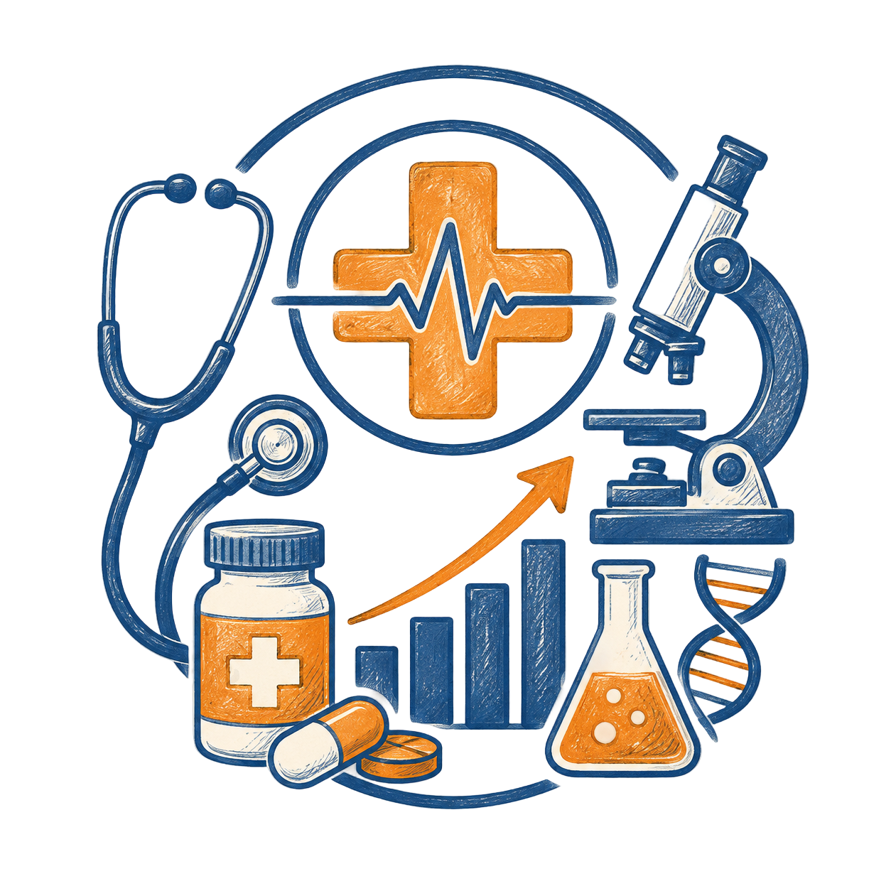 Illustration of the healthcare sector — a stethoscope, medical cross, microscope, and medicine